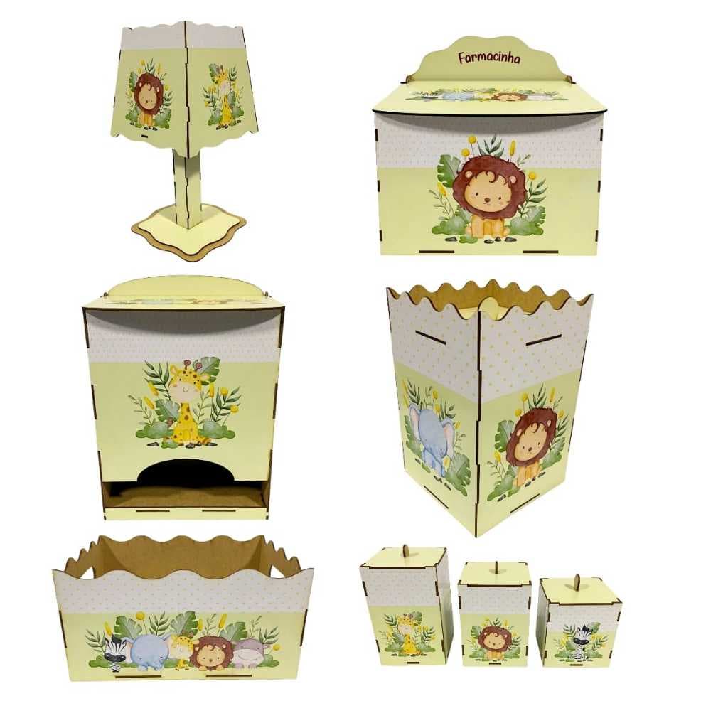 Kit Higiene Bebê Selva Safari 8 Peças MDF Adesivado