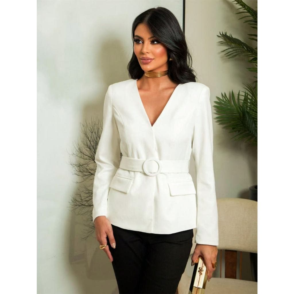 Blazer Longo Social Feminino Gola Colarinho Bolso Falso Forrado com Cinto