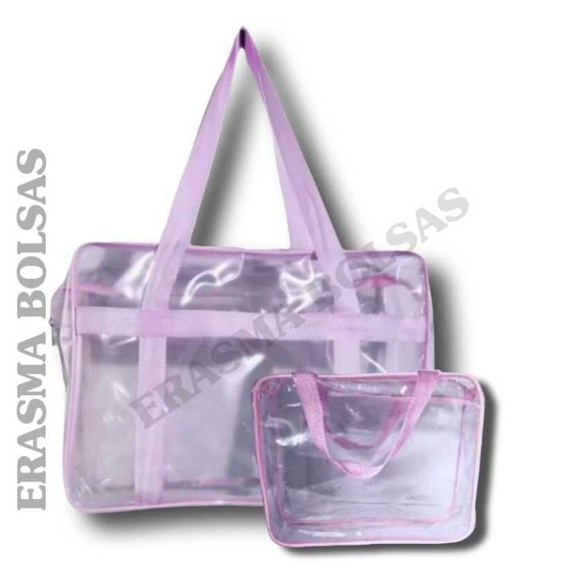 kit Bolsa e Necessárie Cristal transparente/ Rosa Bebê (Ziper Especial) G0,30