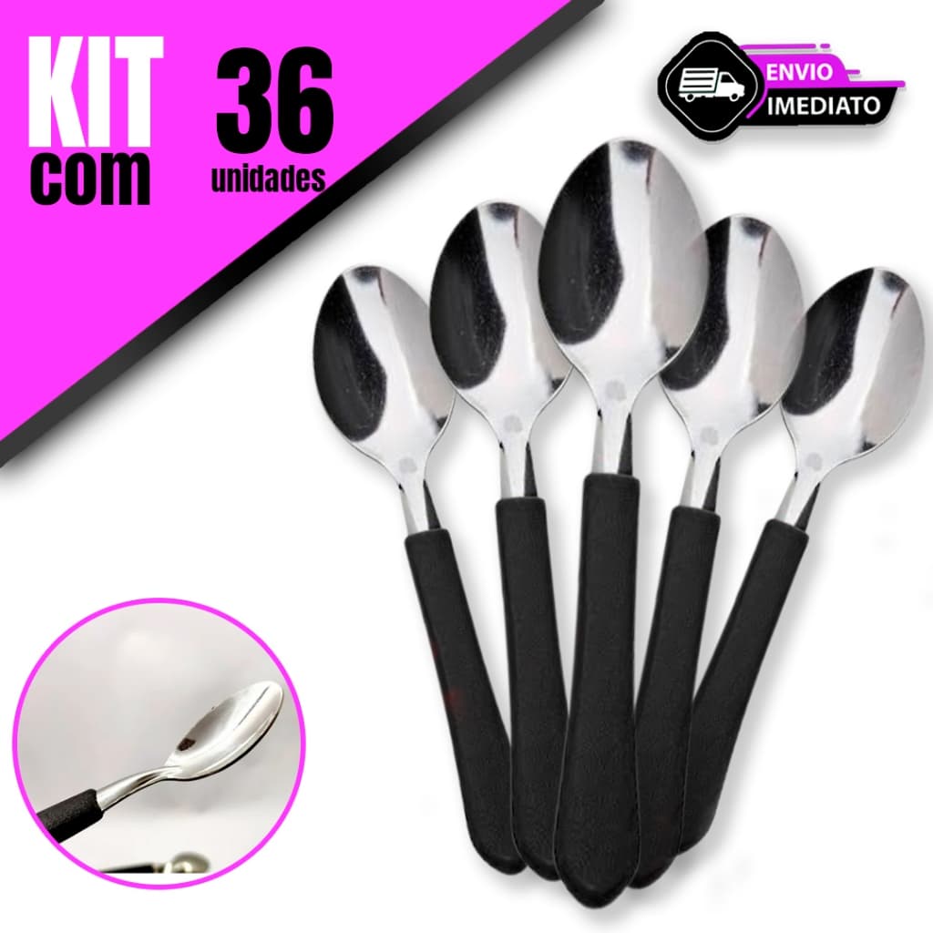 Kit 12/16/24/36 Unidades de Colheres de Chá Aço Inox Cabo Preto para sua Cozinha