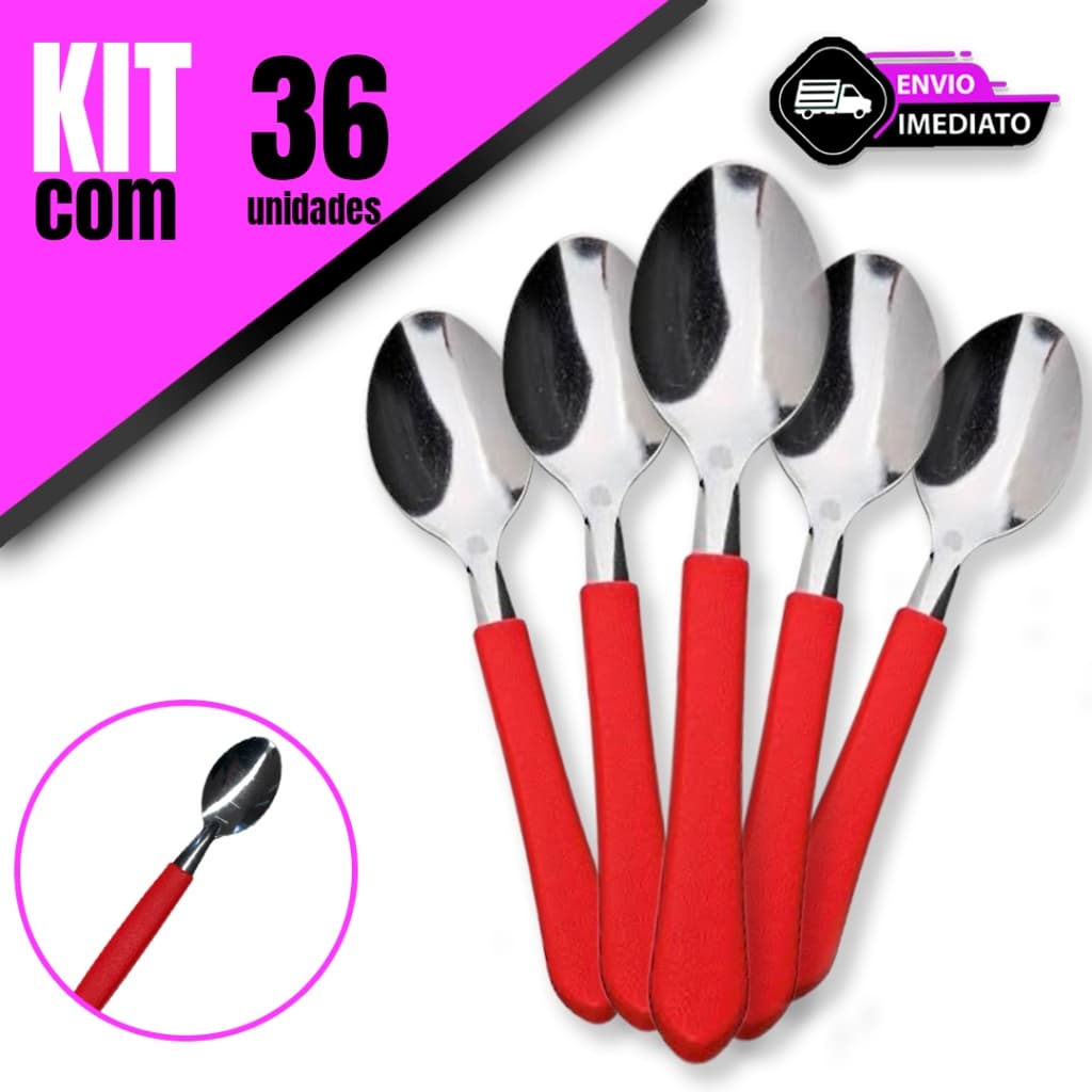 Kit 36/24/16/12 Unidade  Colheres de Chá Aço Inox Cabo Vermelho para sua Cozinha