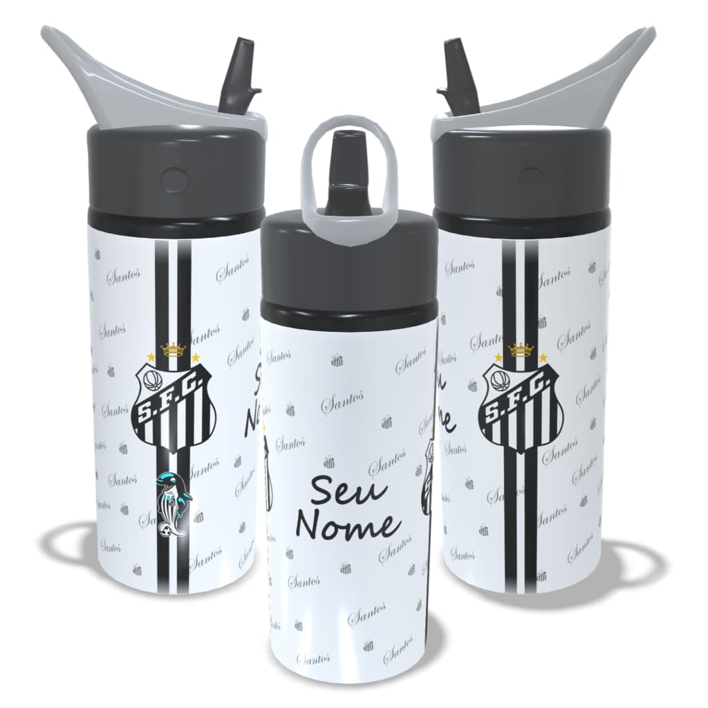 Garrafa de Alumínio do Santos 600ml - Com Nome Personalizado -  Squeeze Bico Retratil