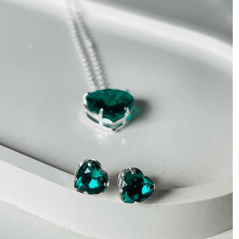 Conjunto Colar e Brincos Coração Verde Água Banhado a Prata 45cm Luxo Elegante Semijoia