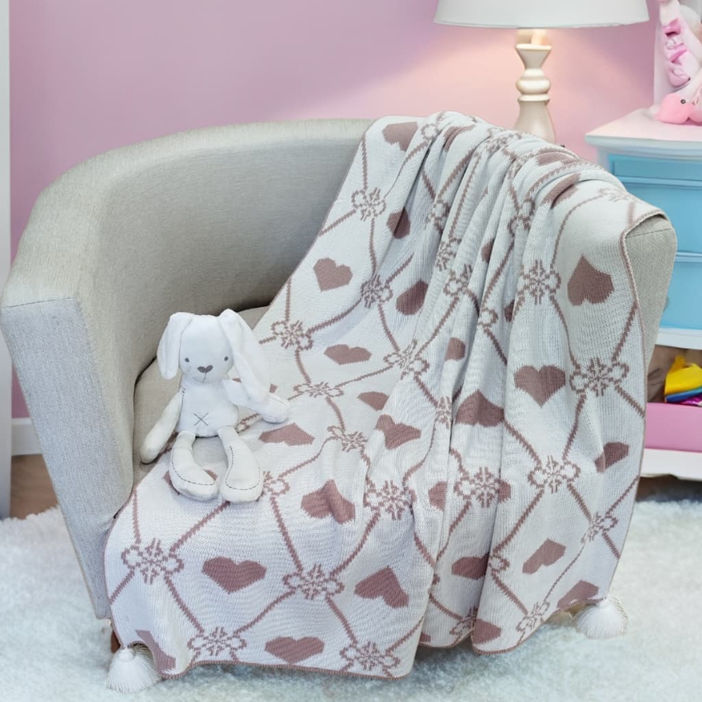 Manta Cobertor Infantil Menina de Tricô padrão Coração Dupla Face , Rosa e Branco , Quarto Sala Poltrona Sofá Tricot