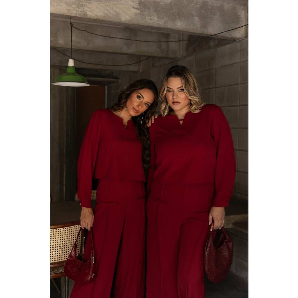 Conjunto Maya Feminino em Alfaiataria Calça e Blusa Manga Longa Slim e Plus Size Social