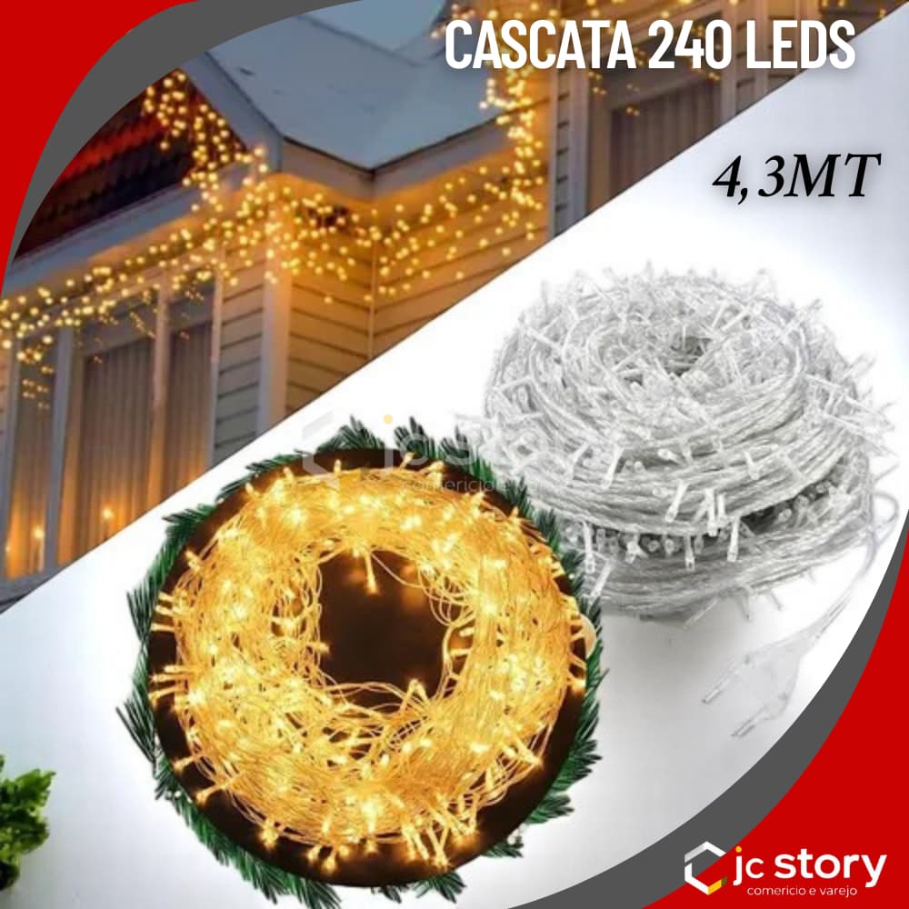 Cascata 240 Leds 4,3m Natal 127v ou 220v Pisca Pisca natalino branco quente 8 funções