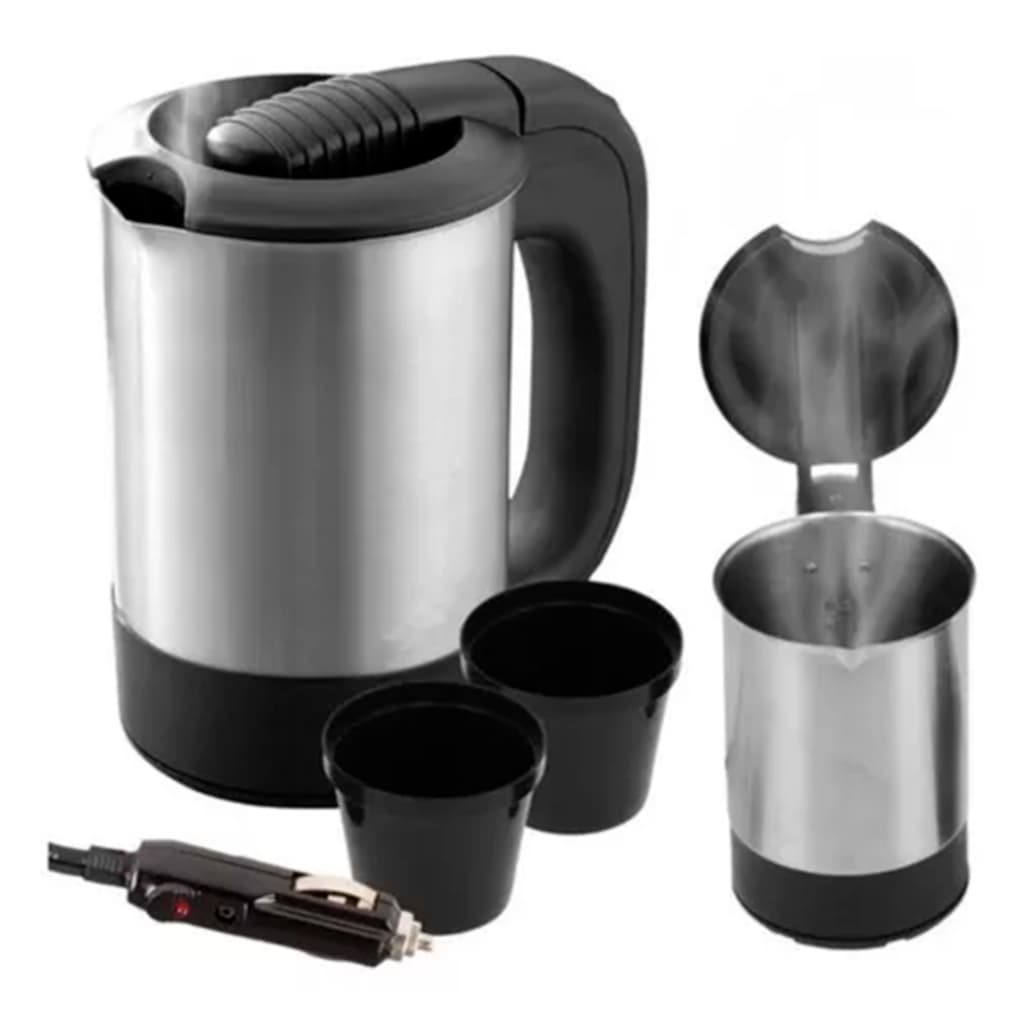 Chaleira Elétrica Portátil 12V/110V – Uso Automotivo e Residencial, Preta e Inox