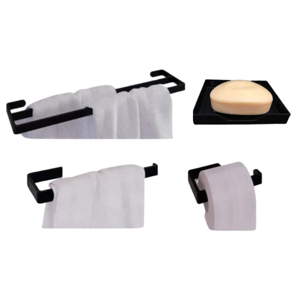 Kit Acessórios Para Banheiro Preto 4 Peças com Porta Toalha e Saboneteira