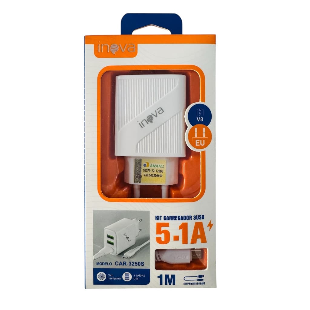 Carregador INOVA Com Carregamento Ultra Rápido Turbo 5. 1A Para Entrada V8 ANDROID (5.1A casa)