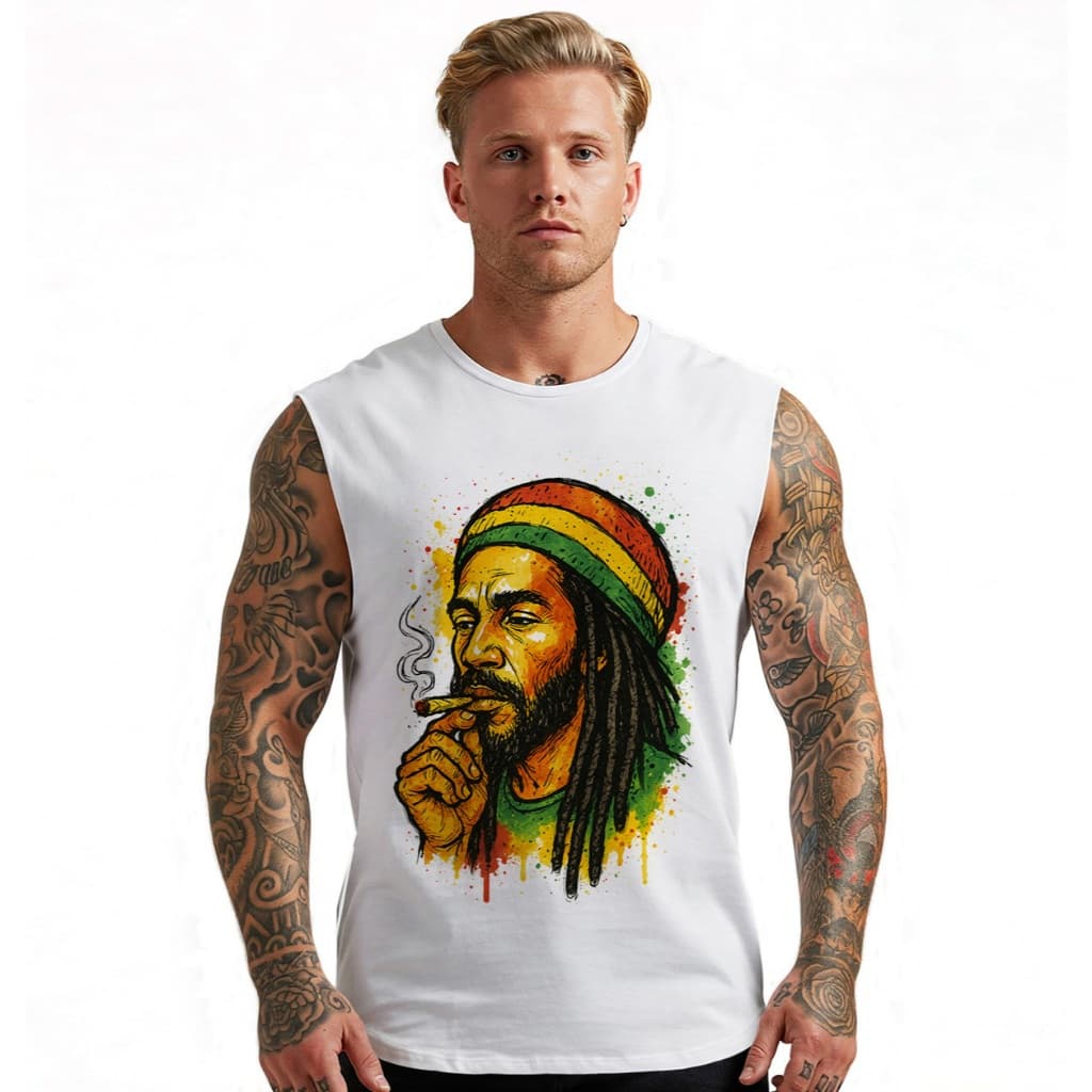Camiseta Regata Masculina Branca Reggae Rasta Man Moda Música