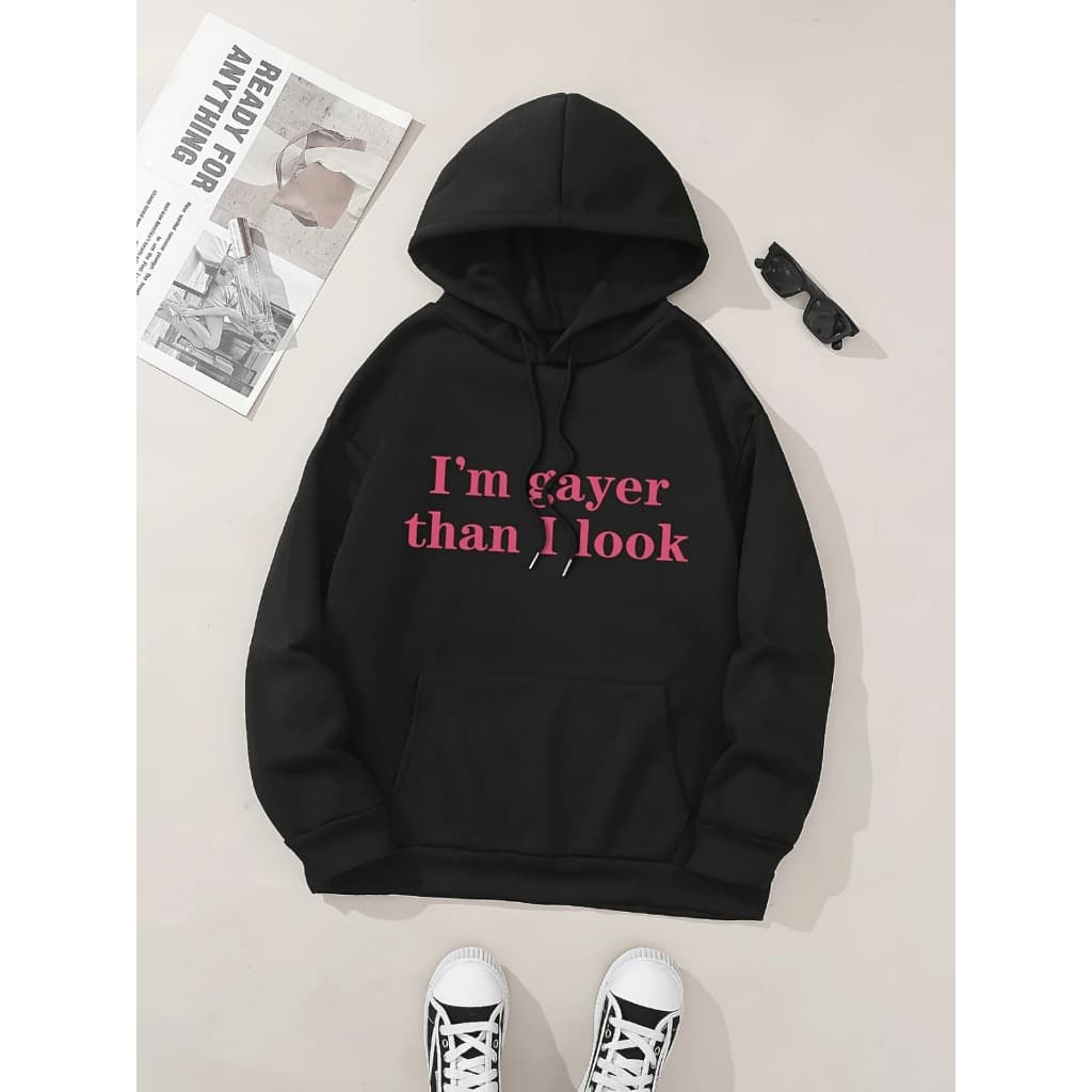 Moletom com capuz estampado gráfico ``I´m Gayer Than You Look´´ e cordão, blusa de moletom casual Unisex no inverno e ou