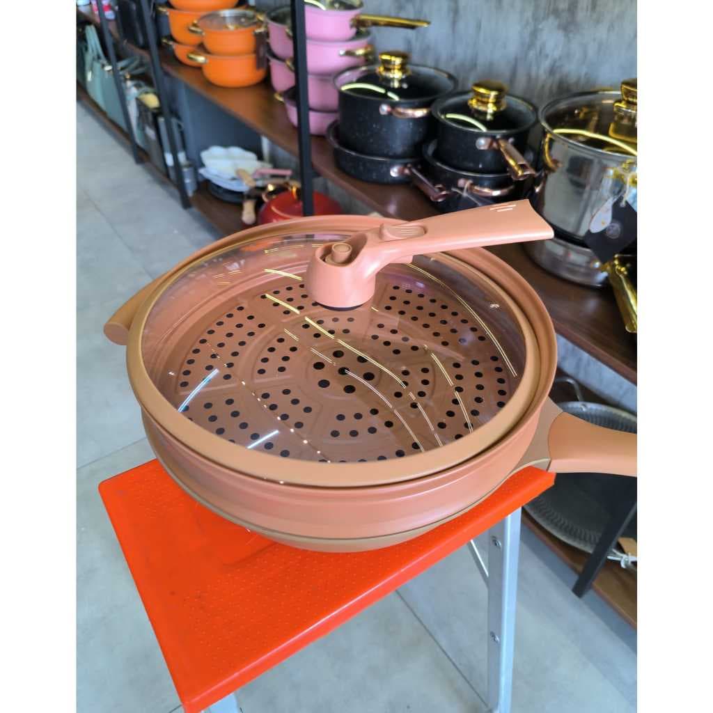 Panela de cerâmica em liga de alumínio antiaderente doméstica Wok de argila de micro pressão 32 cm com vaporizador