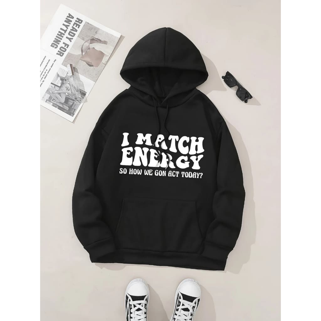 Moletom com capuz estampado gráfico ``I Match Energy´´ e cordão, blusa de moletom casual Unisex no inverno e outono