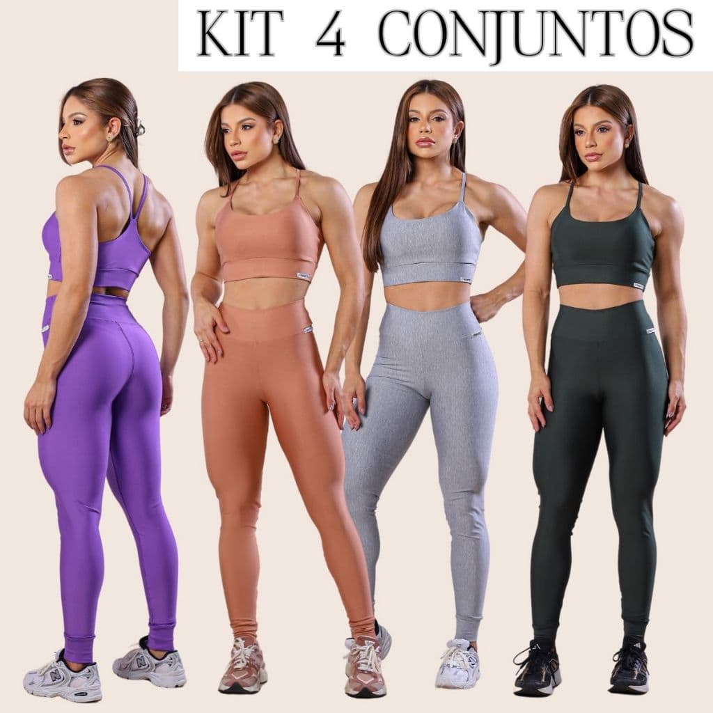 Kit 4 Conjuntos Fitness Femininos Academia Top Bojo Legging Suplex Zero Transparência