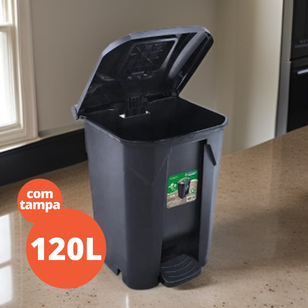 LIXEIRA GRANDE CLICK 120L C/ RODA E PEDAL PRETA AREA EXTERNA LAVANDERIA ESCOLA EMPRESA