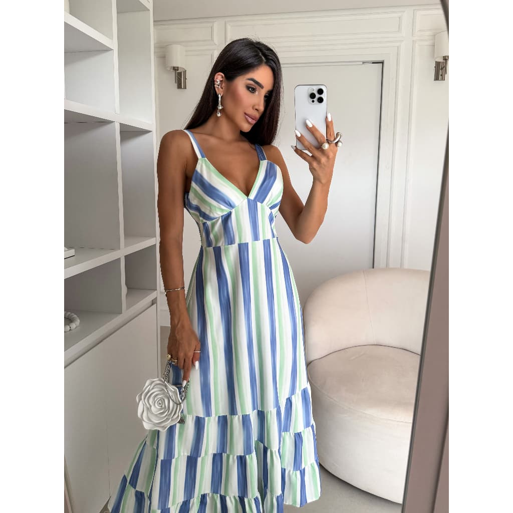 Vestido Midi Feminino Estampado Listrado Luz Slim em Alça Amarração nas Costas e Plus Size