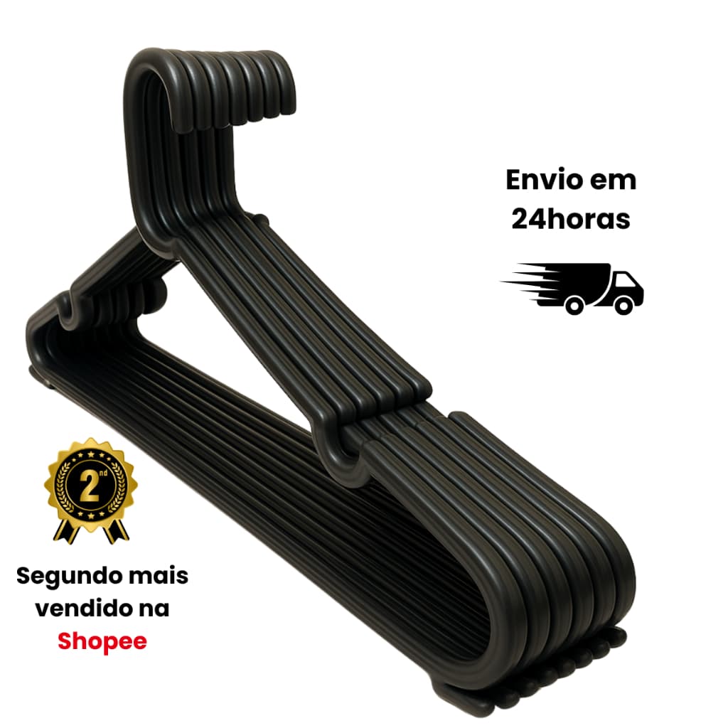 Cabide Adulto Preto Reforçado em Kit – Escolha a Quantidade Ideal