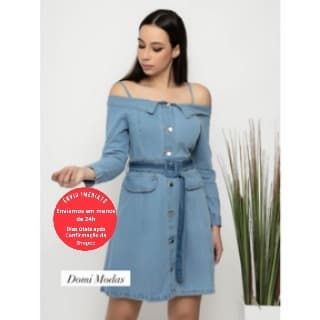 Domi Modas Vestido Jeans com laço lançamento da moda 7282/7252