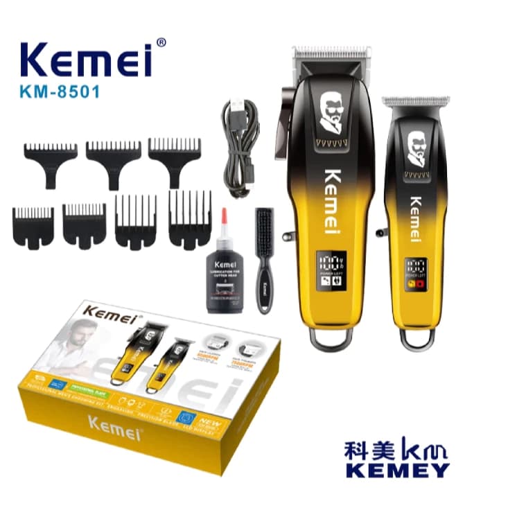 Kit Máquina de Cortar Cabelo + Máquina de Acabamento Elétrica Recarregável Pro Kemei KM-8501