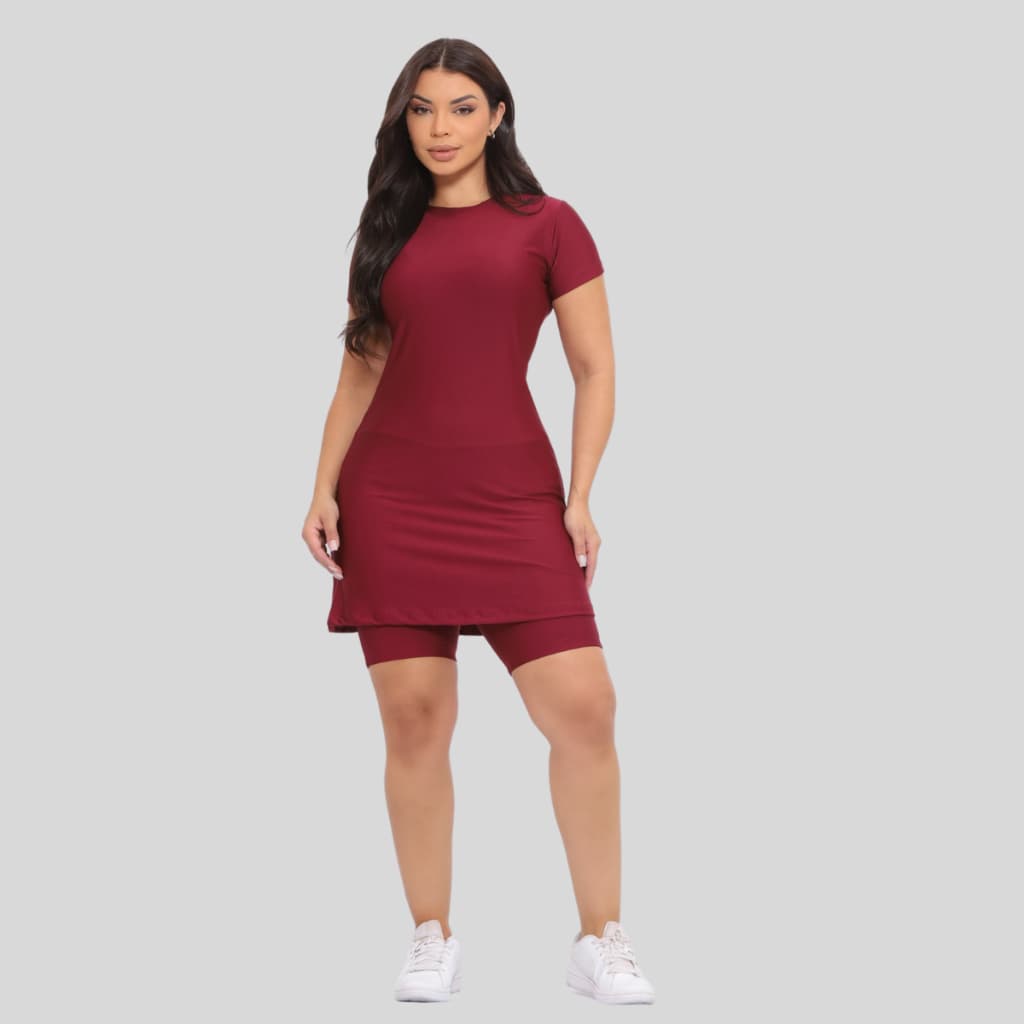 Conjunto Fitness Moda Evangelica Com Bolso Vestido e Short Treinos