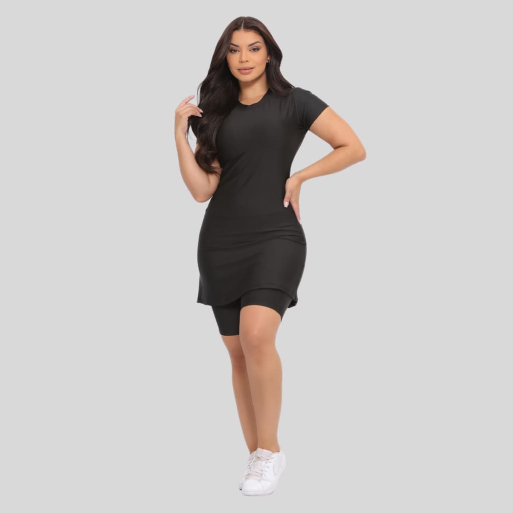 Conjunto Fitness Moda Evangelica Com Bolso Vestido e Short Treinos Corrida