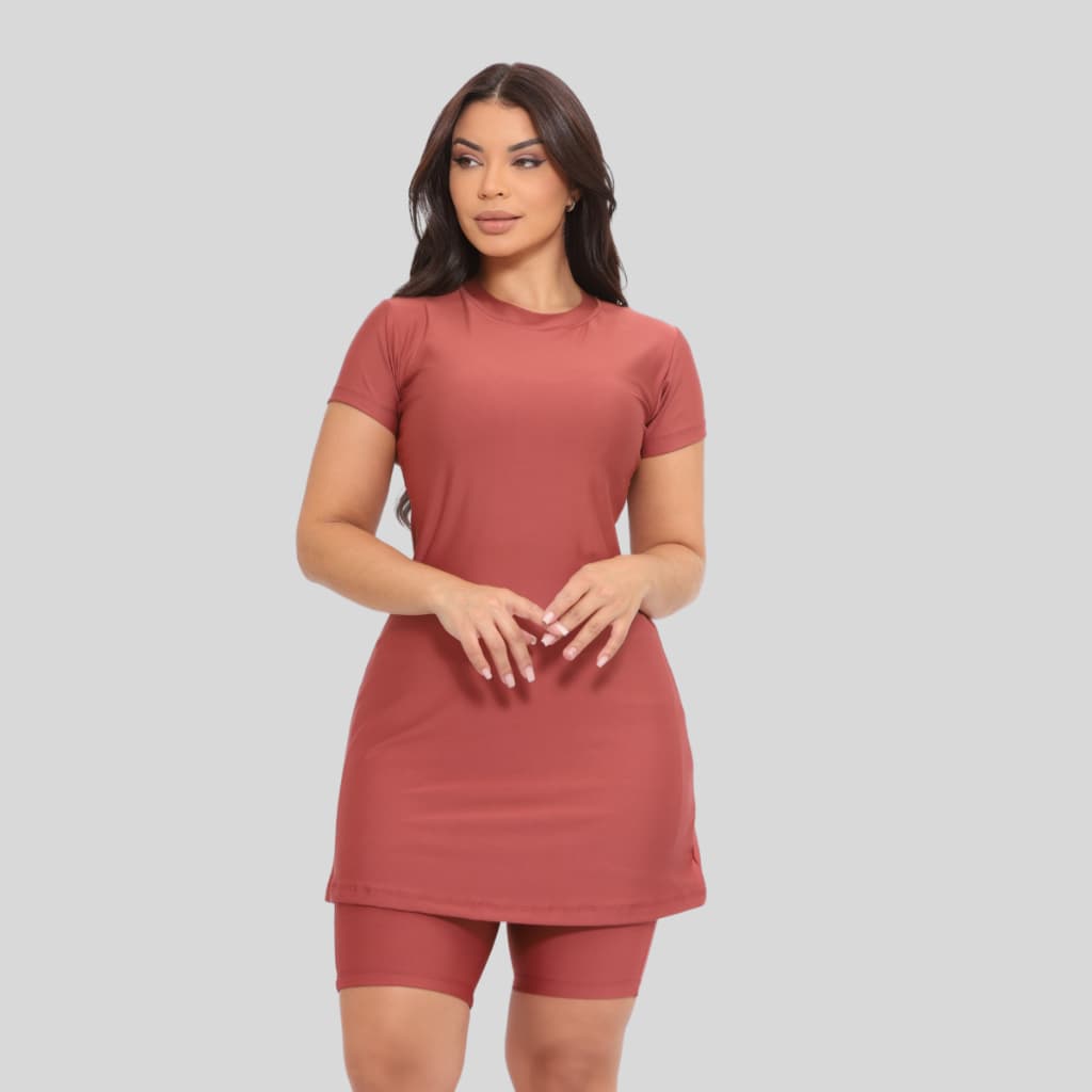 Conjunto Fitness Feminino Moda Evangelica C/ Bolso Vestido e Short Treinos Moda Crista