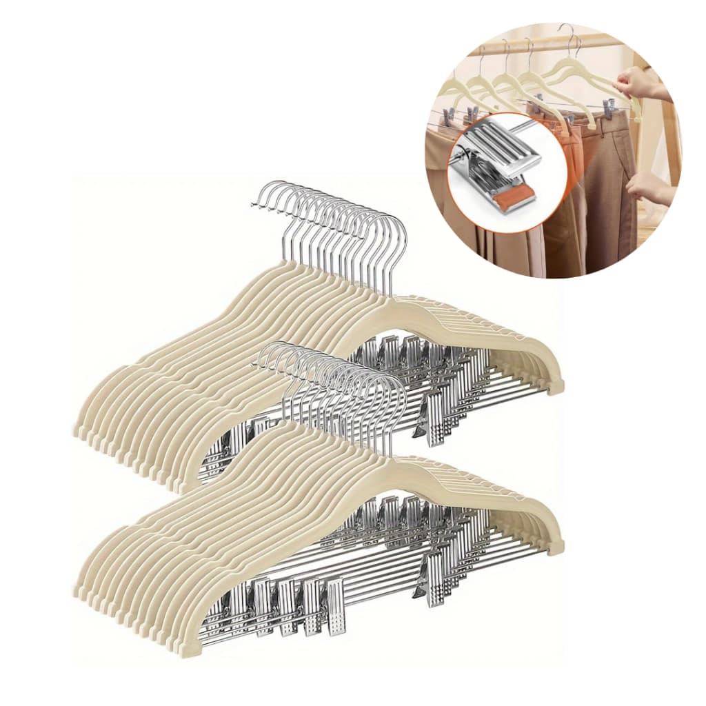 40 Cabides de Veludo com Barra e Presilha de Metal Bege Off White MAIS QUALIDADE!