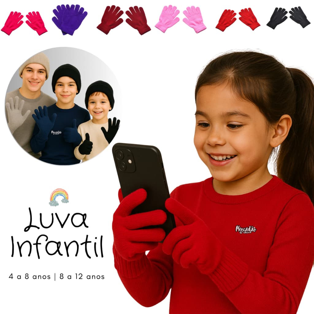 Par de Luvas Infantil de Inverno Frio para Menina e Menino - Tamanho 4 a 12 anos