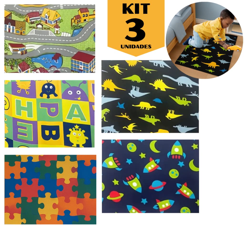 Kit 3 Tapete Emborrachado Antiderrapante Colorido Bebê Criança Infantil Quarto Sala Diversas Estampas Divertido 66x50cm