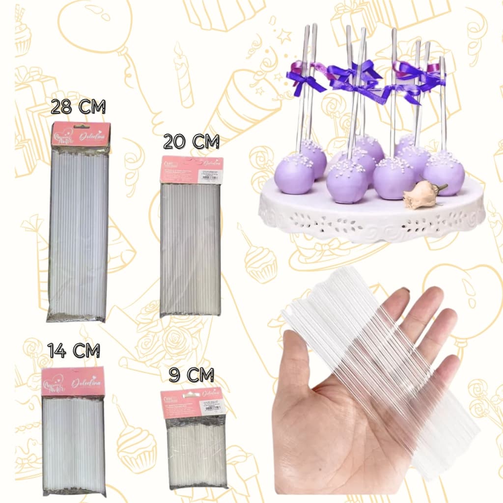 Palito Pirulito Cristal Transparente Canudo Tubo Topo De Bolo Aniversário Tamanhos 9/14/20/28 cm