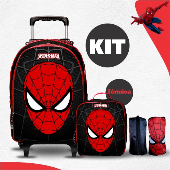 Mochila Escolar Rodinha Aranha - menino + Lancheira Térmica + Estojo