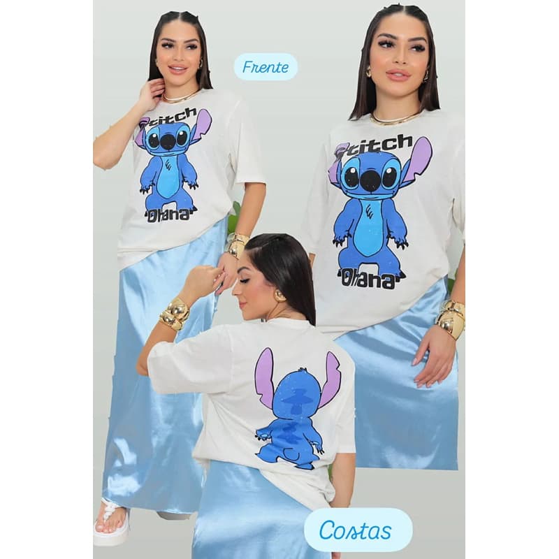 T-Shirt Camisetão Stitch Ohana Frente e Costas Max Alongada Oversize Estilosa
