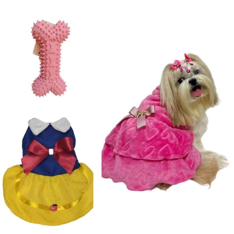 Kit Roupa Vestido Pet de Inverno+Fantasia+ brinquedo ossinho Acessório Pet Roupa de Cachorro 3 itens