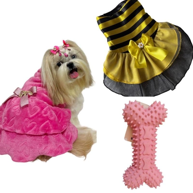 Kit Roupa Vestido Pet de Inverno+Fantasia verão+ brinquedo ossinho Acessório Pet Roupa de Cachorro 3 itens