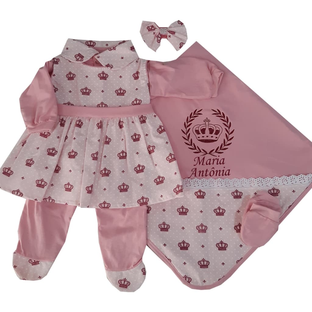 Saída Maternidade Menina Coroa Personalizada com o nome do Bebê 5 Peças