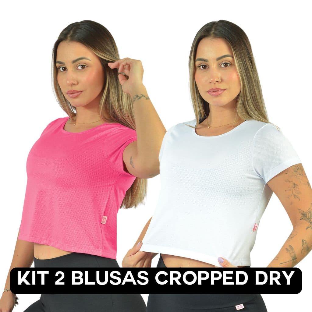 Kit 2 Blusas Cropped Dry Fit Academia Feminina Com Microfuros UV50+ Fitness