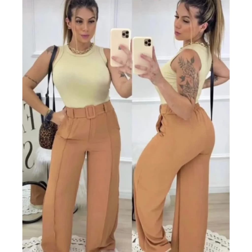 Calça Pantalona Feminina Duna alfaiataria wide leg Cintura Alta Elástico
