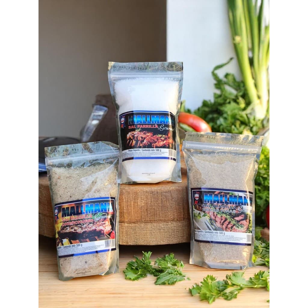 Sal de parrilha 500 gramas com Chimichurri, ervas finas e sal branco para churrasco.