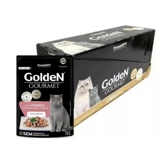 Kit de Sache Golden Gourmet Gatos Adultos Ração Úmida 20 unidades.