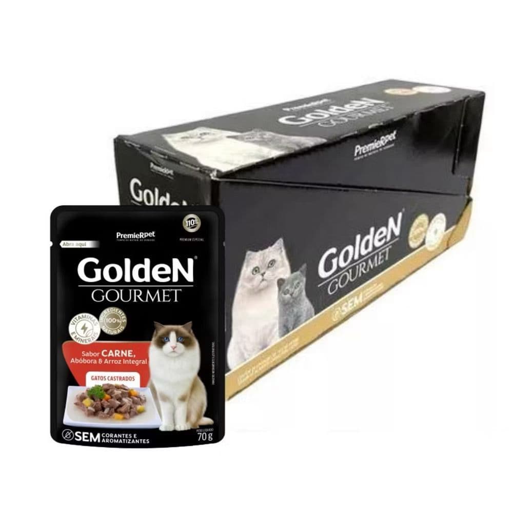 Kit de Sache Golden Gourmet Para Gatos Adultos Castrados Sabor Carne 20 unidades