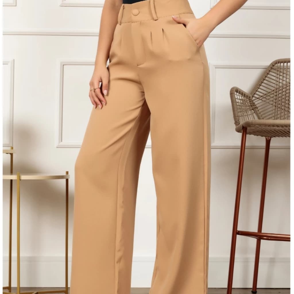 Calça Feminina Pantalona Alfaiataria Elegante Tendência Com Bolso Cintura Alta Disfarça Barriga