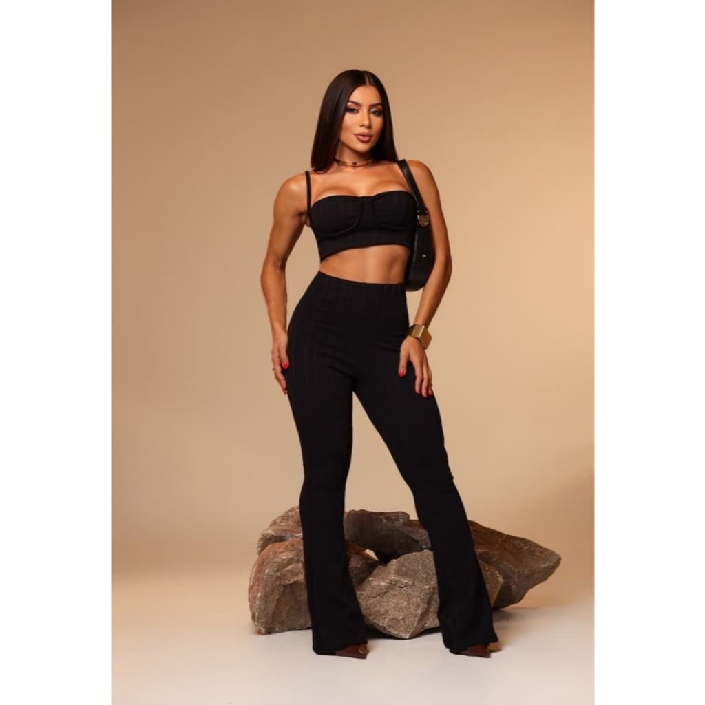 Conjunto Ribana femenino, calça pantalona  mais cropd, look casual e sensual, confortável, elegante, festas, inverno.