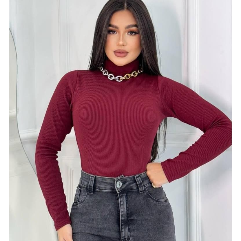 Blusa Feminina Ribana Canelada Cacharrel Gola Alta Manga Longa Inverno Frio