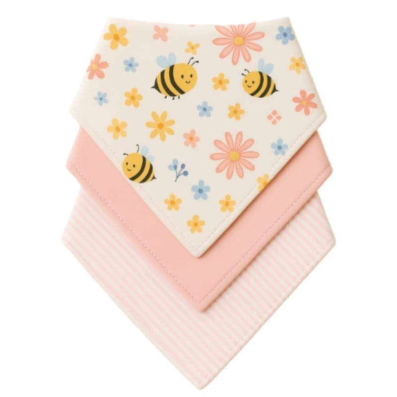 Kit com 3 Babador Bandana Bebê Menina 100% Algodão Abelhinha Rosa dia a dia alimentação