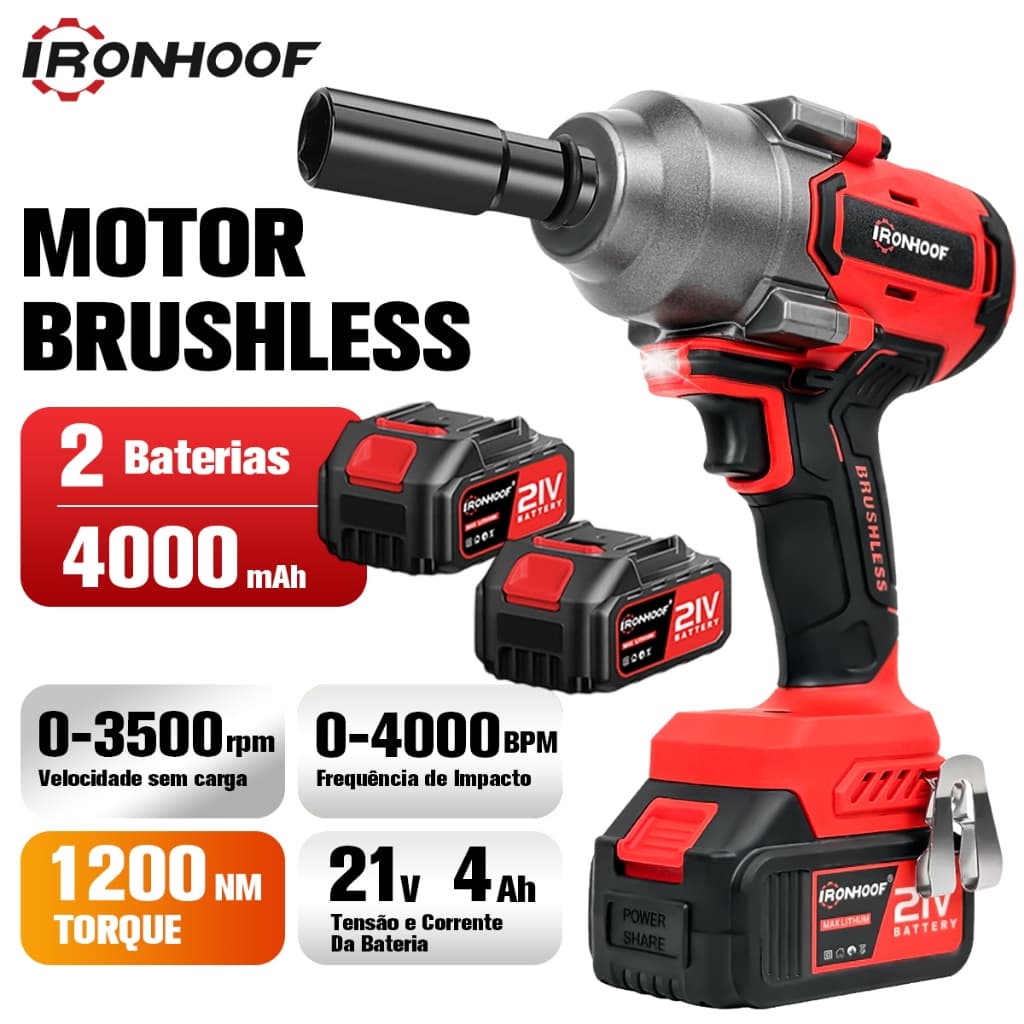 Chave De Impacto 1200N Potente Profissional Eletrica Brushless 2 Baterias