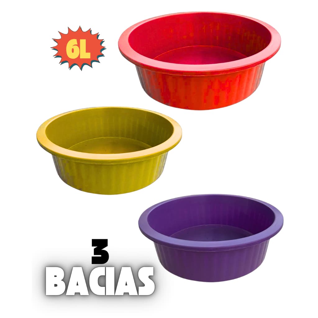 Kit de 3 Bacias Plásticas de 6 Litros - Cores Sortidas