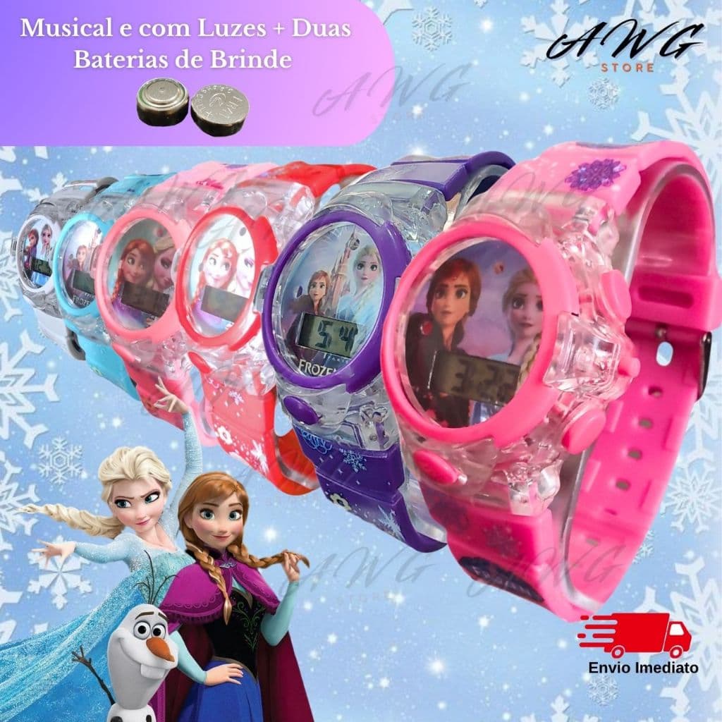 Relógio Frozen De Menina Feminino Digital Rosa Led Luz E Som Colorido Promoção