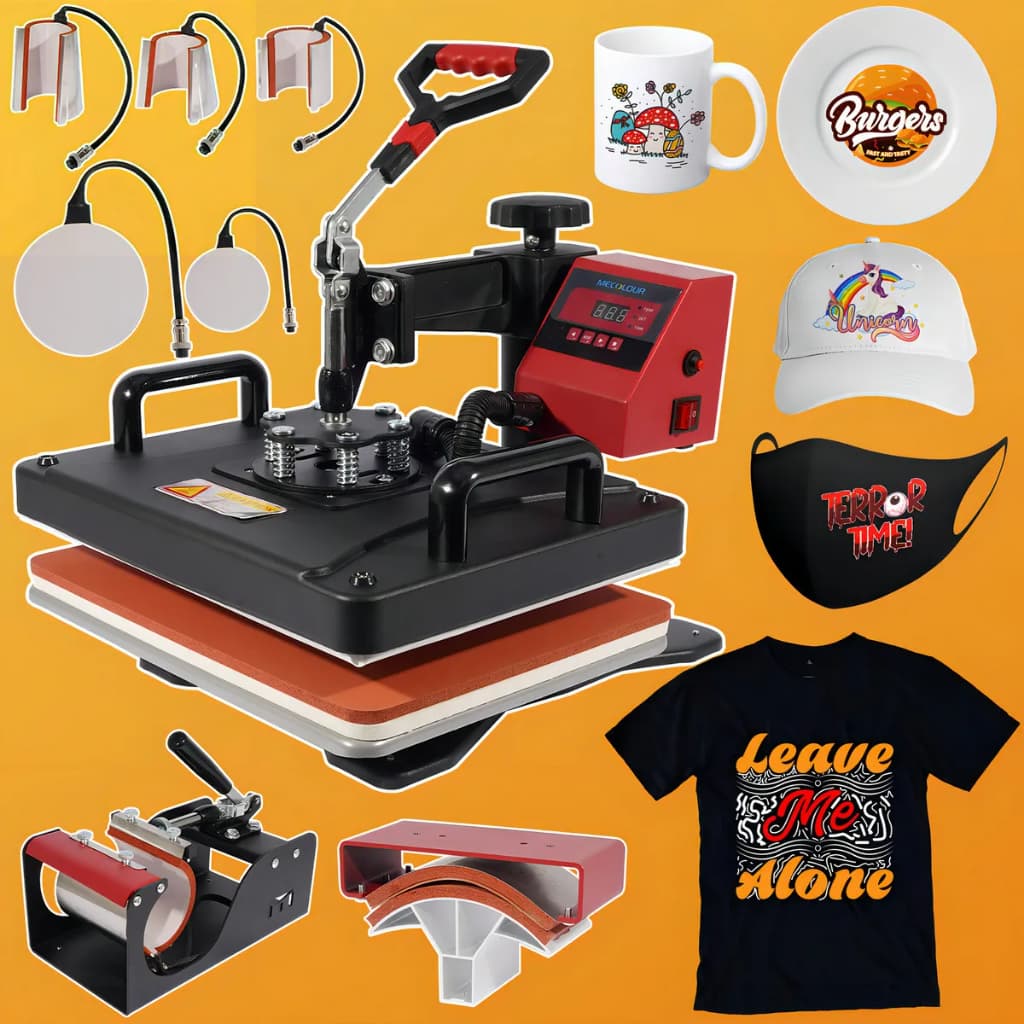 Mecolour prensa térmica 8x1 sublimação camiseta chinelos bones pratos cor vermelho é preto 110V-220V