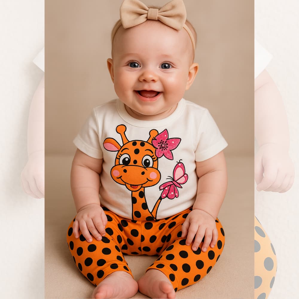 Kit 2 Peças de Roupas Infantil Bebê Menina Girafinha Roupa de Bebê Menina Camiseta e Bermuda