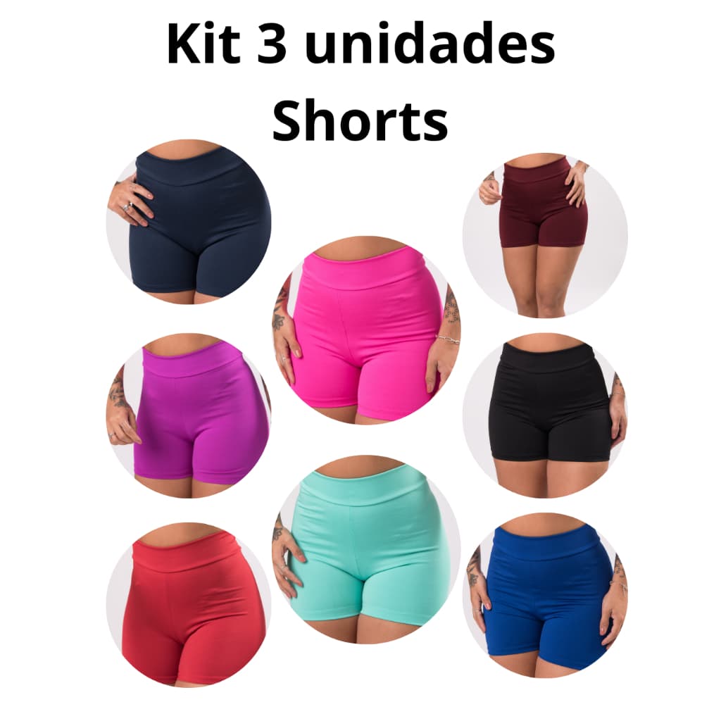 Kit 3 Unidades Shorts Cintura Alta Suplex Moda Feminina Academia Fitness Diversas Cores P - M - G